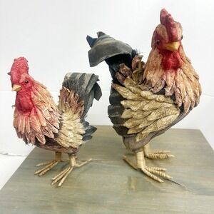 Set / 2 Vintage Paper Mache Rooster Chicken Hen Multi-colored Raffia Lightweight